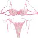 Lilosy Sexy Tie Side Cute Underwire Push Up Strappy Embroidered Mesh Sheer Lingerie Set, S
