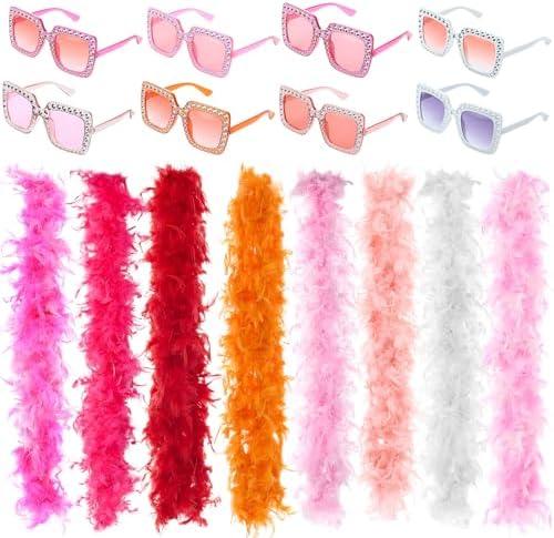 Canlierr Colored Feathers Boas Party Pack 6.6 ft Feather Boa with Large Square Sunglasses for Women Dancing Wedding