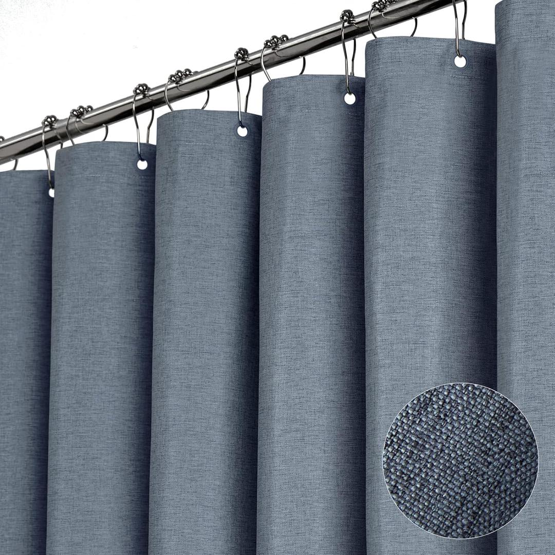 BTTN Blue Gray Shower Curtain - Linen Textured Weighted Fabric Shower Curtain Set with 12 Plastic Hooks, Simple Hotel Luxury Waterproof Decortative Bath Curtains for Bathroom, Machine Washable, 72x72
