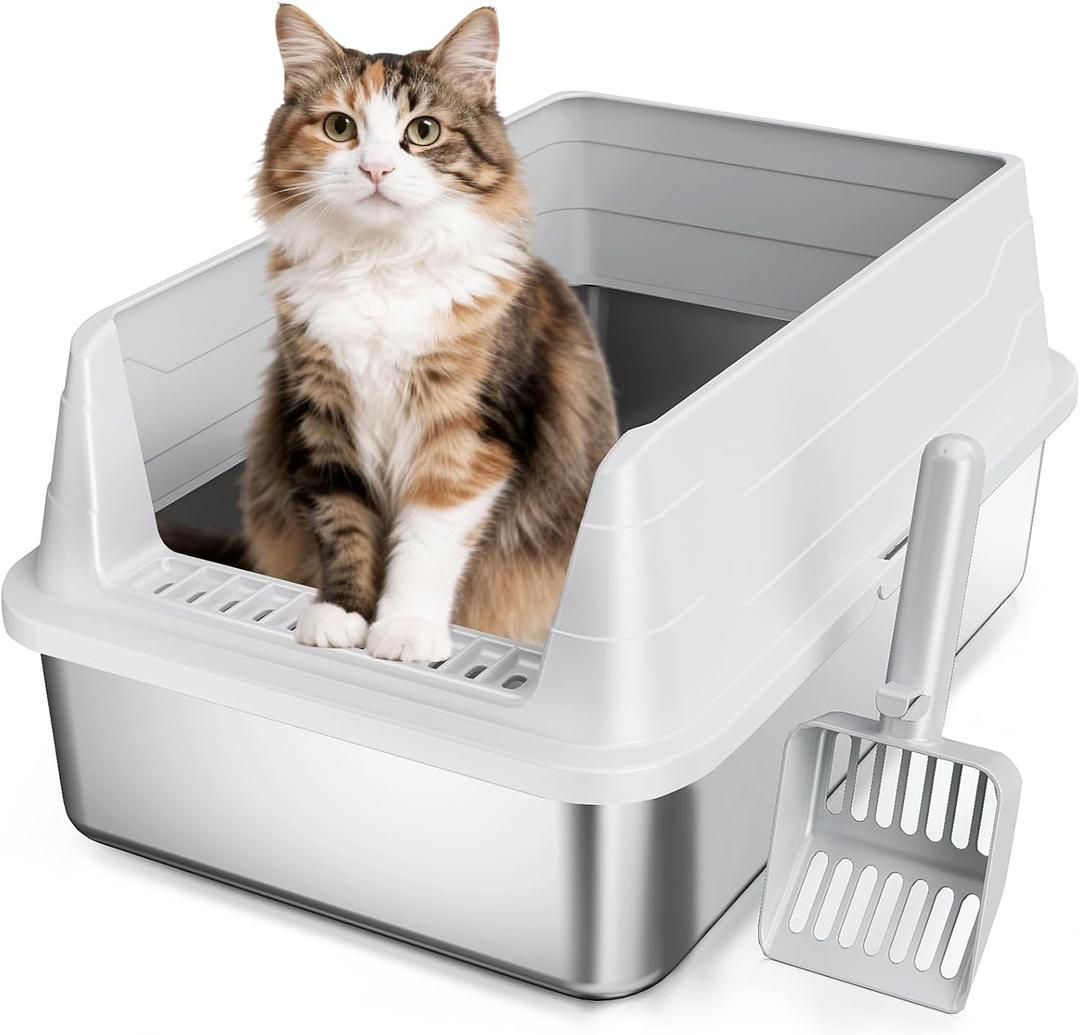 Stainless Steel Cat Litter Box, Odor Free Metal Litter Box with High Sides Lid, Open Top Low Entry Litter Pan Include Scoop Easy Cleaning Anti-Scratch Kitty Cat Box Anti-Urine Leakage, Non-Sticky (Medium, Light Grey)