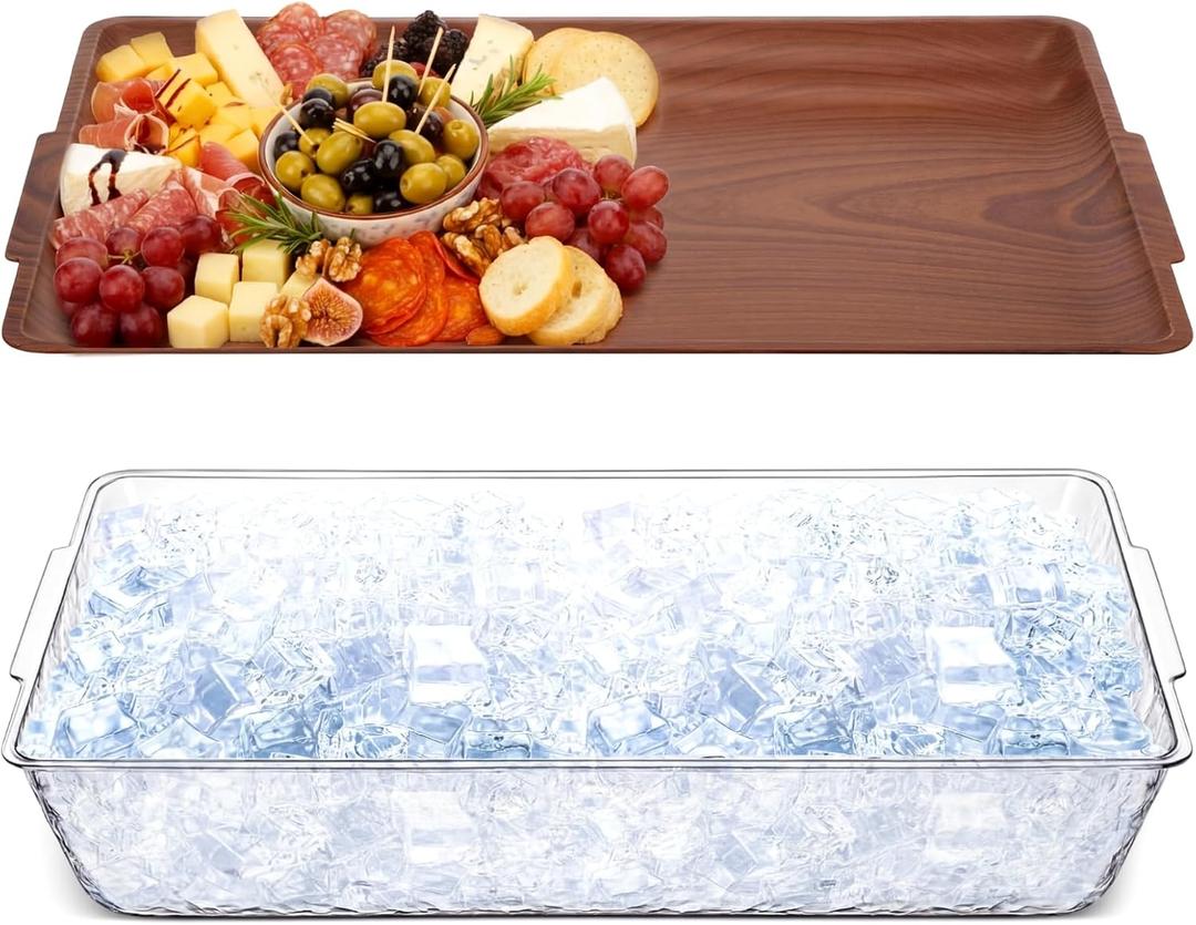 Baderke 1 Set 16" x 9" Plastic Chilled Serving Tray for Parties with Compartments Ice Chilled Party Platter Charcuterie Serving Board Cold Dish Dip for Fruit Seafood Vegetable Appetizer (Dark Wood)