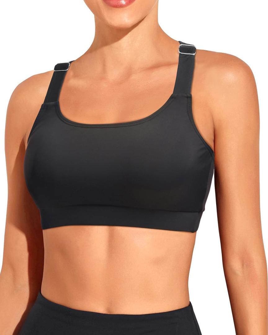 Tempt Me Women Black Sports Bra Bikini Tops Racerback Bathing Suits Top Padded Swim Tops Only, Large