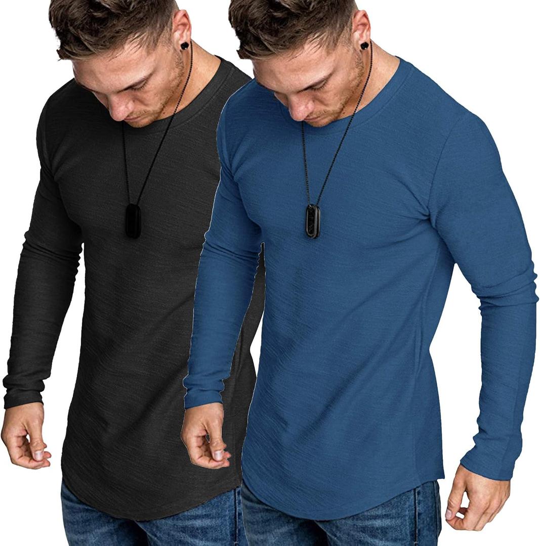 COOFANDY Men 2 Pack Muscle Fitted T Shirt Gym Workout Athletic Long Sleeves Tee (XL)