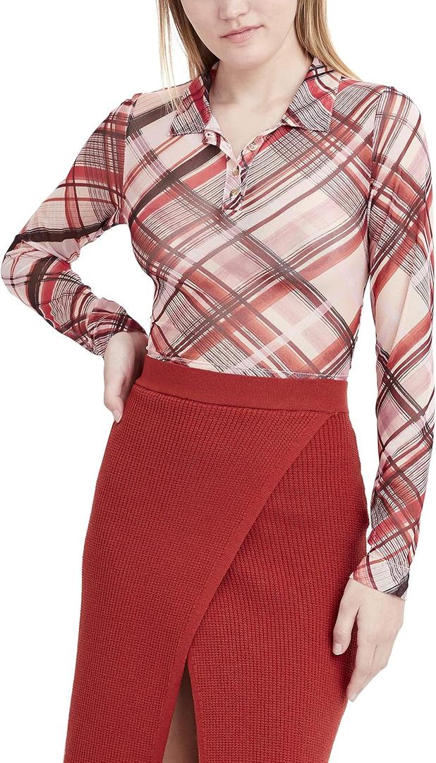 BCBGeneration Women's Long Sleeve Mesh Polo Top, Plaid, Large
