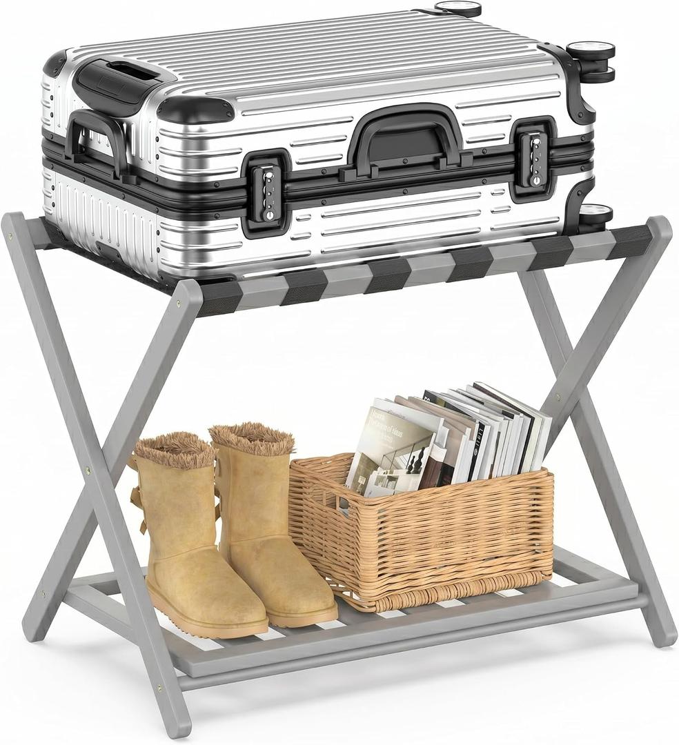 BAMBOOHOMIE Bamboo Luggage Rack for Guest Room, Wide Suitcase Stand with Storage Shelf, Folding Luggage Stand Holder for Bedroom Hotel, 26.77" Thickened Luggage Rack for Suitcases, Grey
