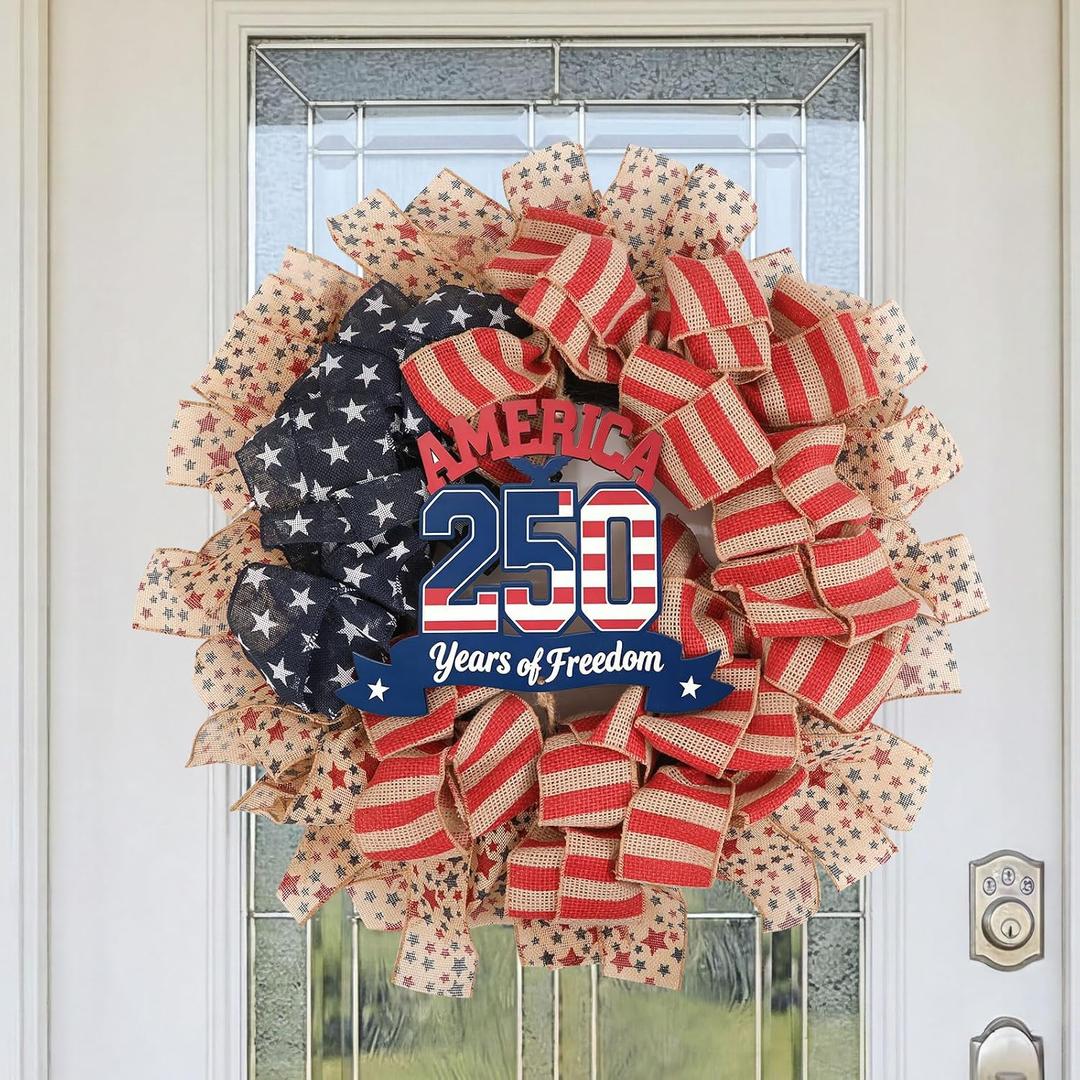 24Inch 4th of July Wreath, Patriotic Burlap Wreath for Front Door,Stripe and Stars Wreaths for USA 250th Anniversary, Memorial Day American Flag Printed Decorations for Outdoor (Flag Wreath)