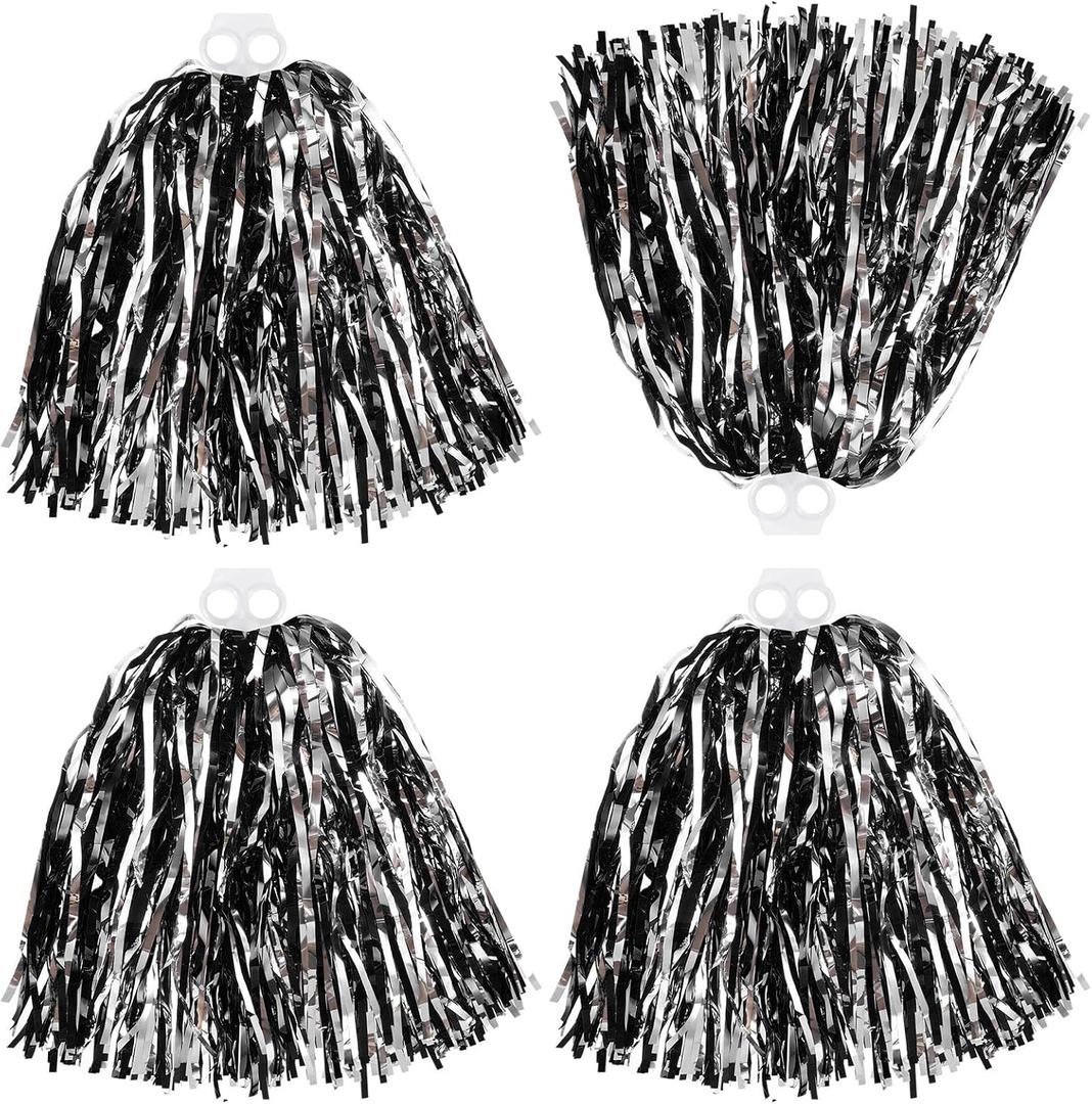 Thenshop 4 Pack Cheerleading Pom Poms Cheerleader Squad Spirited Fun Pompoms Cheer Hand Flowers Metallic Foil Pompoms for Adults Sports Meeting Team Spirit Cheering Party (Black and Silver)