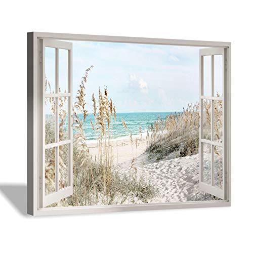 Coastal Beach Picture Wall Art: Beach Theme Window Canvas Art Prints Seascape Artwork Small Size for Bathroom (16 x12 x 1 Panel): Posters & Prints