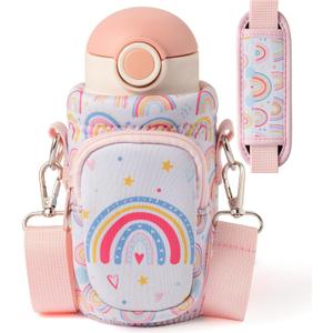 Water Bottle Carrier Bag with Strap for Kids - Water Bottle Bag Holder with Padded Strap Pocket 10/12/14/16/18Oz for Boys Girls School Walking Hiking Camping