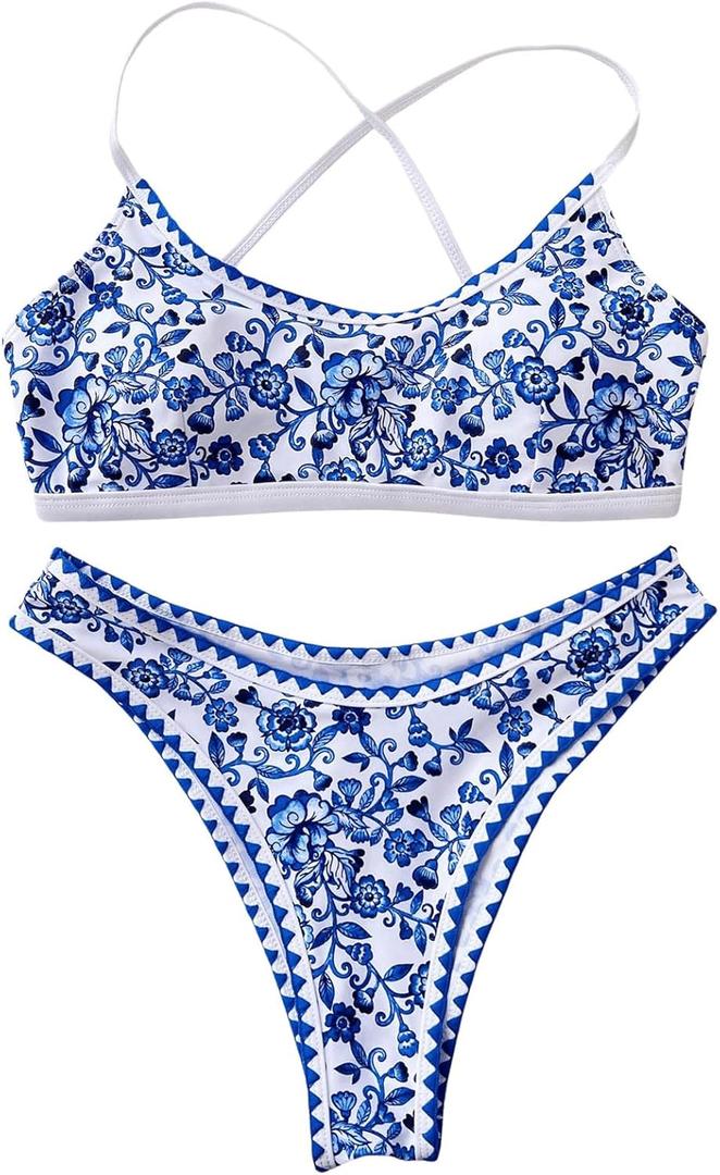 Floerns Women's Floral Lace Up Bikini Swimsuit High Waisted Beach Bathing Suit (Large, Blue and White)