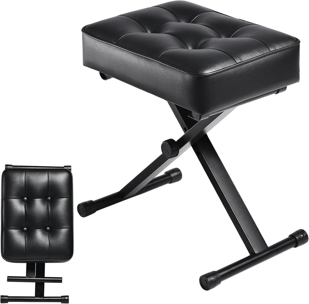 Adjustable Piano Bench Keyboard Bench - Foldable Keyboard Stool with Non-Slip Feet,3-Level Height Suitable for Adults&Kids,Classic Button Design,Premium PU Leather Cushion, Portable Piano Seat (Black)