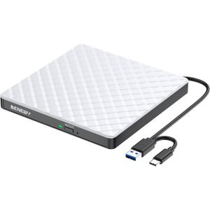 BENEWY External CD DVD Drive for Laptop, USB 3.0 USB C CD Burner DVD/CD ROM Drive Reader External DVD Drive DVD Player for Laptop Desktop PC Windows 11/10/8.1/7 MacBook Mac Linux OS Apple White