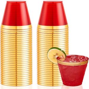Ciaell 200PCS Red Plastic Cups - 9 Oz Gold Plastic Cups - Heavy Duty Gold Rimmed Disposable Cup - Disposable Wine Glasses with Gold Rim for Party & Wedding