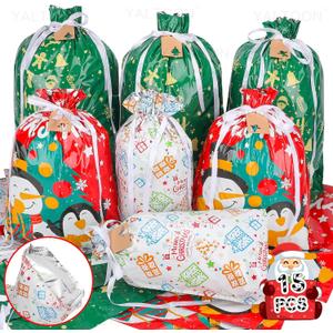 YALTOON Large Christmas Gift Bags, 15 Pack Drawstring Christmas Bags for Gifts, Holiday Gift Bag Bulk Assorted Sizes, Xmas Present Wrapping Bags