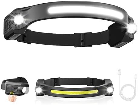 AlpsWolf LED Headlamp Rechargeable, 2 XPE LED and COB LED Head Lamp, Sensor Mode, 260° Wide Beam, IPX4 Waterproof, Rechargeable Headlight for Camping Accessories (1 Pack)