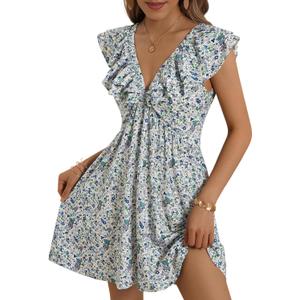 Loemes Women Summer Cute Floral Deep V Neck Mini Dress Casual Ruffle Sleeveless High Waist Swing Beach Sundress with Pockets, L