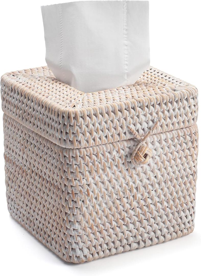 Rattan Tissue Box Cover Square, Wicker Tissue Box Holder with Lid, Natural Woven Facial Tissue Holder for Bathroom, Kitchen, Living Room (Whitewash)