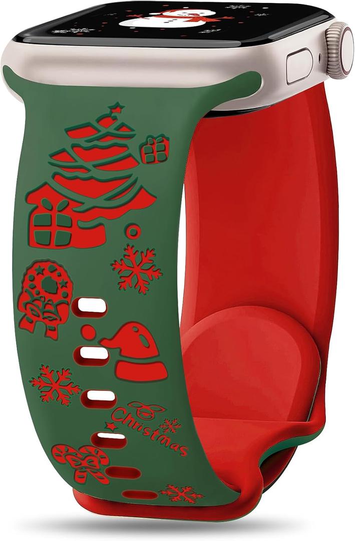 Newlibery Christmas Engraved Silicone Band Women Compatible with Apple Watch 42mm(S3/2/1)/44/45/49mm Two-Tone Santa Claus Soft Sport Strap for iWatch Series 10/9/8/7/6/5/4/3/2/1/SE/Ultra1 2 Green/Red