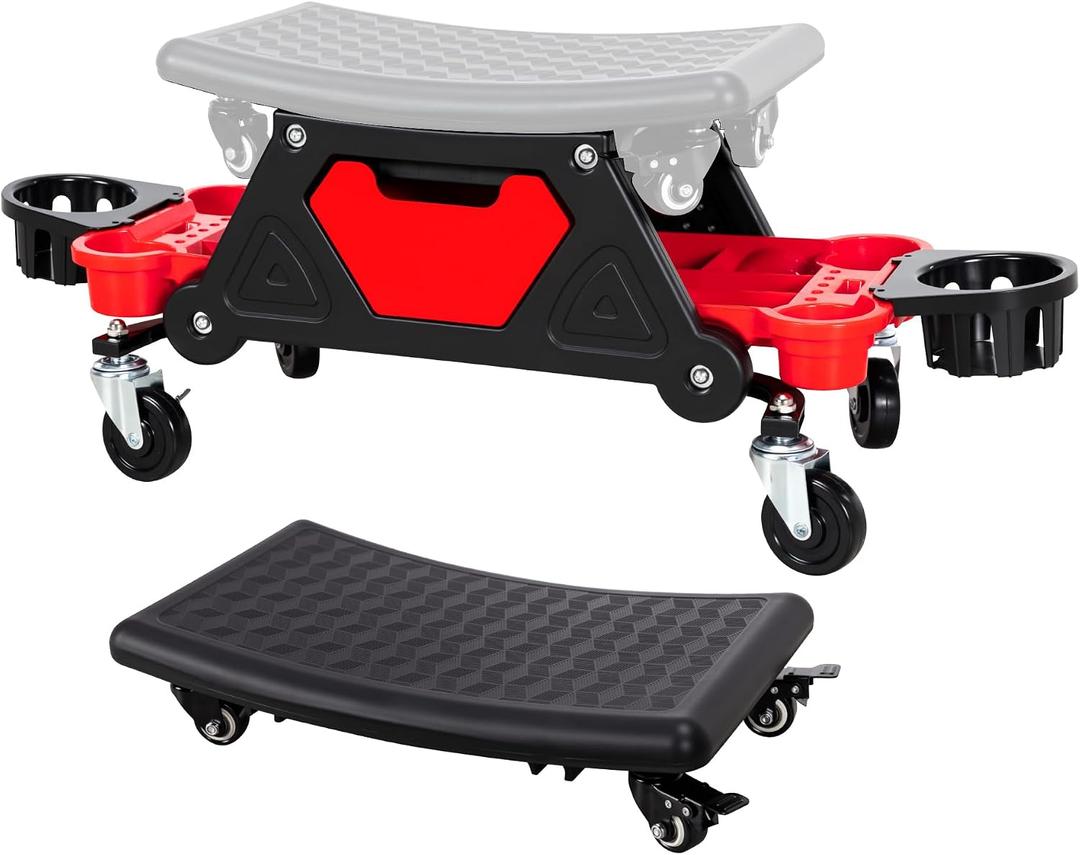 Frassie 2-in-1 Rolling Mechanic Stool Garage Creeper Seat with Modular Removable Cushion Tool Tray Heavy Duty 300 LBS Capacity for Auto Repair
