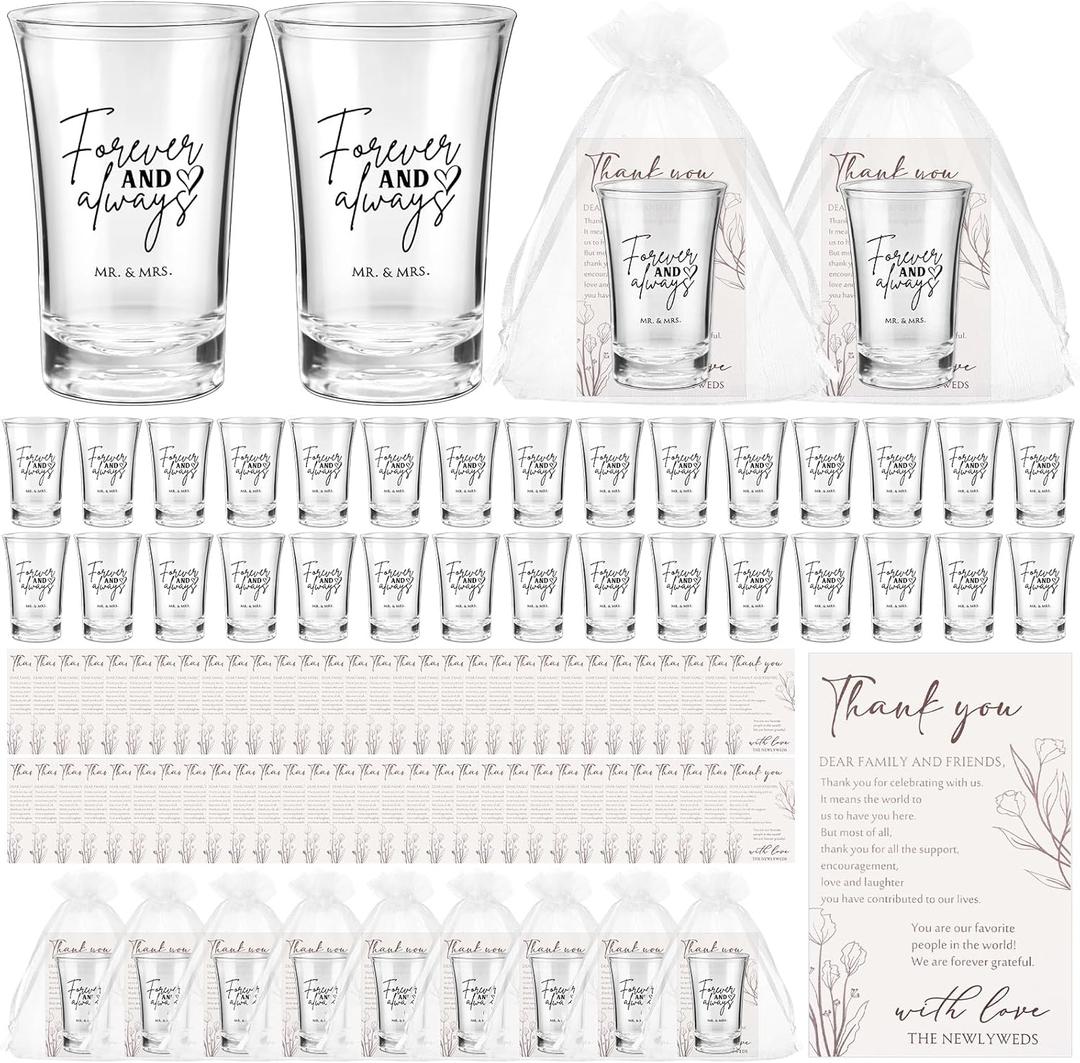 100 Set Wedding Favors for Guests Wedding Shot Glasses Forever and Always Acrylic Clear Mr and Mrs Wine Glasses with Thank You Card Organza Bag Bridal Shower Souvenirs Gift