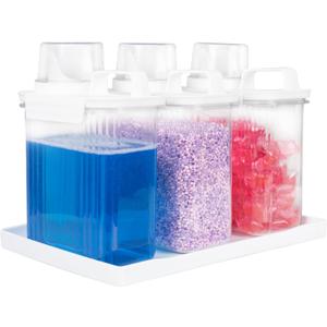 51oz Laundry Detergent Container, 3 Pack Plastic Liquid Detergent Dispenser for Laundry Room Powder,Soap,Fabric Softener, Scent Beads Storage and Organization,with 5 Labels,1 Tray.(3, 51oz)