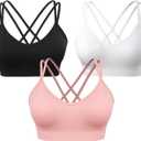 VEQKING Women's Cross Back Sports Bra Padded Strappy Medium Support Yoga Bra for Workout Fitness 3 Pack (X-Large, 3pack(black+white+peach Pink))