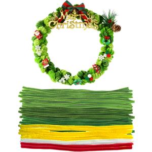Farbeniok Christmas Pearl Ring Pipe Cleaner Craft Kit, DIY Wreath Ornament Supplies Set with Beads, Bow for Tree Decor, Interior Decoration, School Bags, Children's Festival (Big Green)