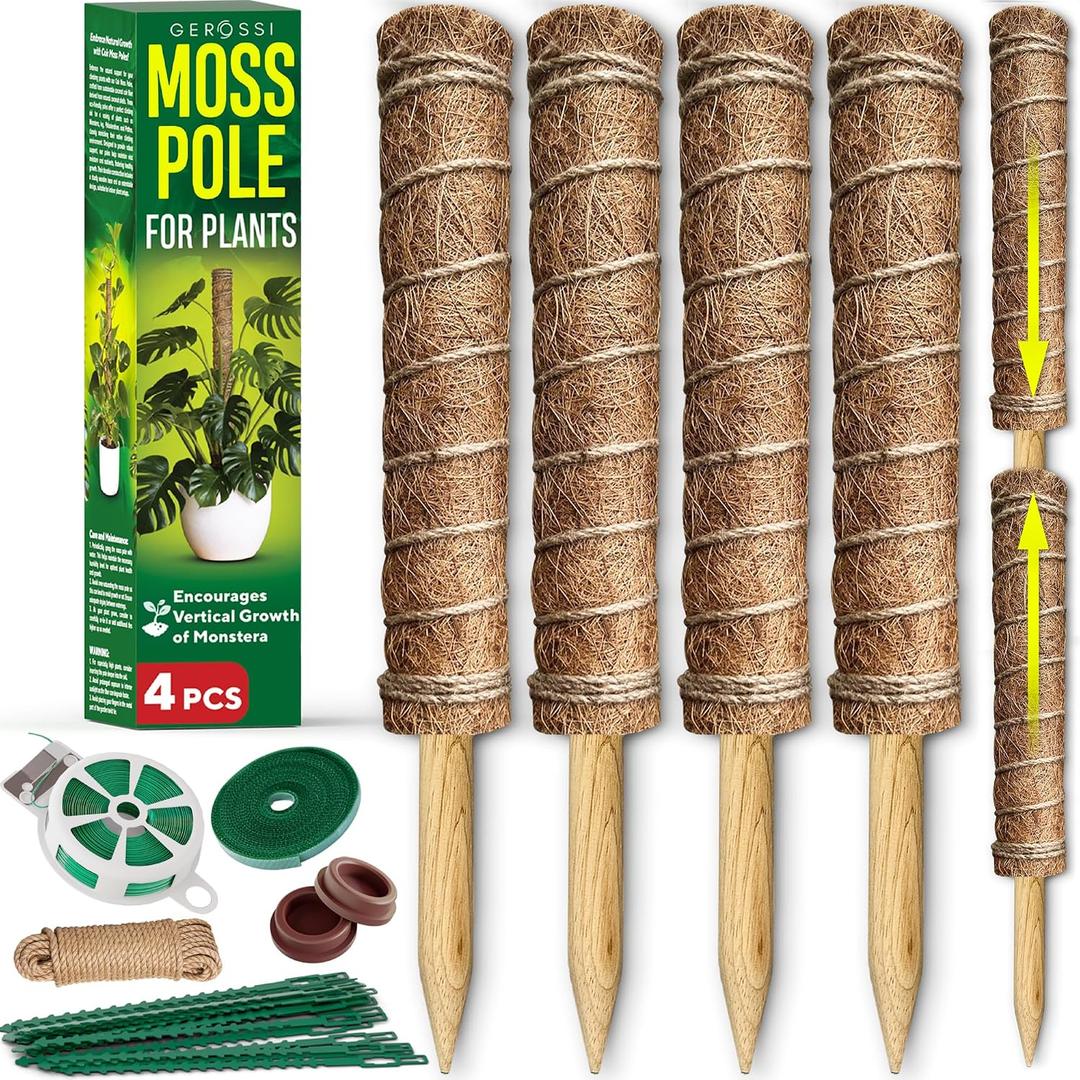 Premium Moss Pole for Plants 3-Pack - 48 Inch Sturdy Plant Support Stakes - 16.5" Extendable Poles for Monstera & Climbing Plants - 100% Natural Garden Sticks - Complete Kit w/Ties, Velcro & Rope