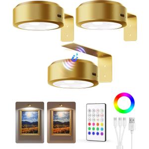 EZVALO Picture Lights for Wall, 2000mAh Rechargeable Battery Magnetic Poster Lights with 2 Color Temps & 12 RGB, Remote Dimmable Timer Painting Light, Wall Decor Light for Art Display, Frame (3 Pack) (Gold)