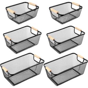 Maxcheck 6 Pack 3 Size Metal Wire Baskets with Wooden Handles Black Steel Mesh Storage Dog Toys Bins Organizer Containers for Home Pet Toys Storage Cabinets Pantry Closet Kitchen Makeup Rectangle