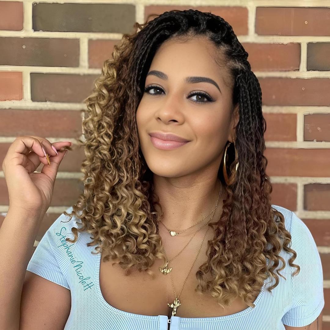 Firstcyh Hair 8 Packs Goddess Box Braids Crochet Hair for Black Women -14 Inch Crochet Box Braids Bohemian Boho Crochet Braids Hair with curly ends Synthetic Braiding Hair Extensions (1B/30/27)