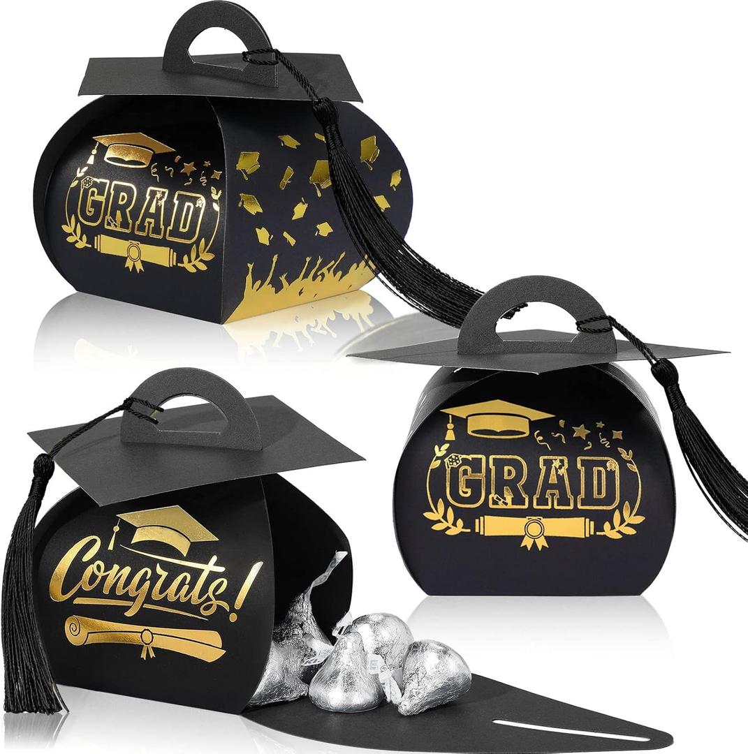 TaoBary 30 Pcs Graduation Cap Gift Boxes Graduation Decorations Class of 2026 Candy Box with Tassel for 2026 Grad Party Favors Supplies(Black, Gold)