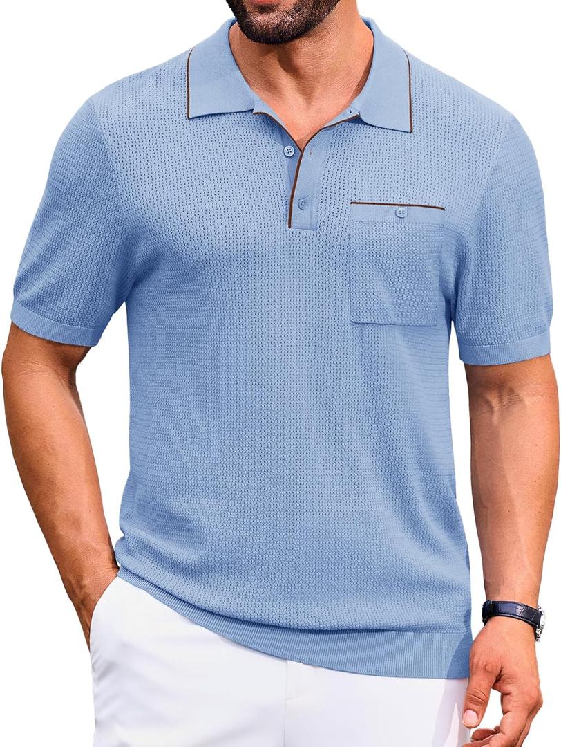 Cotrasen Mens Casual Knitted Polo Shirts Short Sleeve Collared Knit T Shirts Summer Golf Shirts with Pocket (X-Large, Haze Blue)