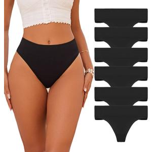 6 Pack Women Underwear Mid Waist Stretch Briefs Thong Shapewear Panty Soft Underpants Ladies Full Coverage Panties (Black, M)