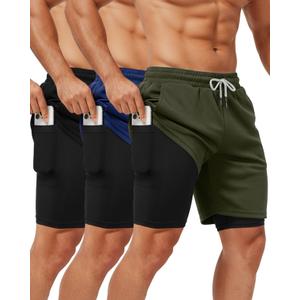 Sureio 3 Pcs Men's 2 in 1 Gym Workout Running Shorts 7 Inch Quick Dry Lightweight Athletic Short with Liner Pocket Towel Loop (Black, Army Green, Royal Blue), S