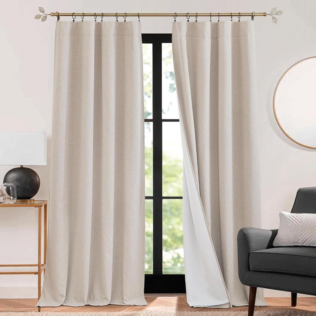 RYB HOME 3 in 1 Soundproof - Blackout - Insulation Linen Curtains, Noise Reduce Energy Saving Curtains for Bedroom Living Room Dorm Divider Studio Home Office, Linen Taupe, W52 x L95 in, 2 Panels