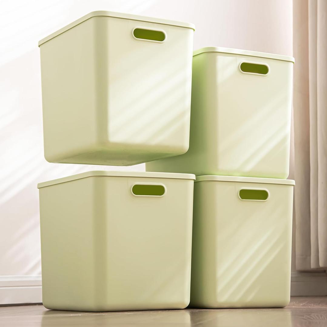 4 pack large plastic White storage bins Baskets, Toy Box Chest with Lids and HandleOrganizer Containers for BabyKids,snacks,NurseryShelvesPlayroom, BedroomOffice,Closethome (Light Green)