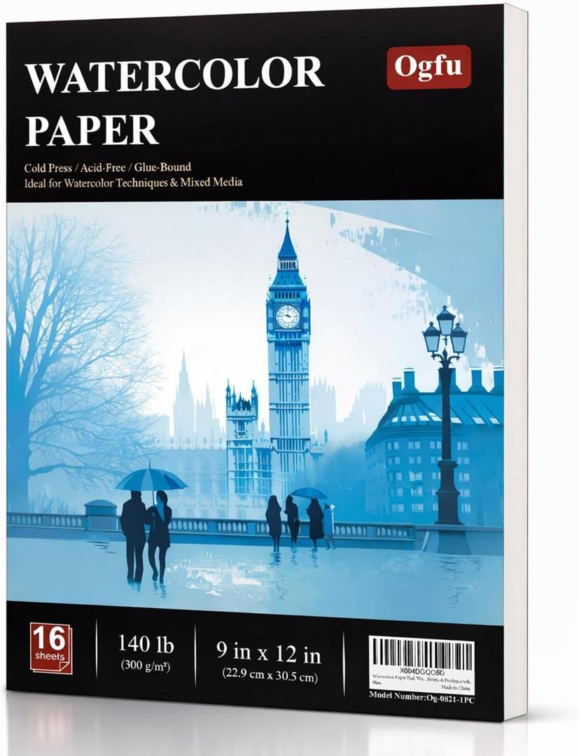2 x Ogfu Watercolor Paper Pad 9"x12", 140lb/300gsm Cold Press Water Color Paper Pad, Acid-Free Watercolor Paper for Beginners, Students, Art Class, Paper for Watercolor Painting, Drawing & Art Supplies.