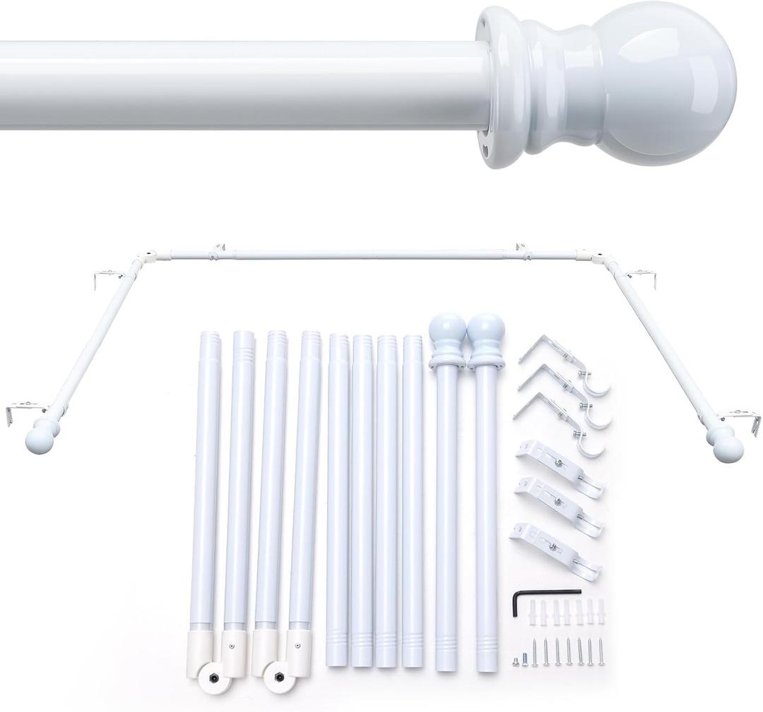 1 Inch Bay Window Curtain Rod U-Shaped, Adjustable 59-184 Inch Width, White 32-52 Inch (Center Rod), 32-42 Inch Side Rods for Windows, Easy Drill Installation Bedroom Bathroom Living Room