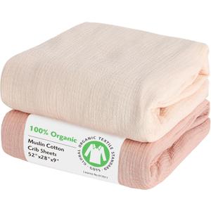 100% Organic Cotton Muslin Baby Fitted Crib Sheets 2 Pack 52x28 Inches Cream&Muted Pink, Ultra Breathable and Soft Sheet Fits Standard Crib Mattress Sheet Neutral Toddler Bedding for Baby Boys Girls