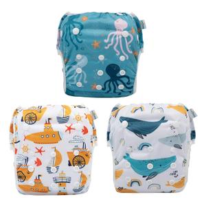 Babygoal Swim Diapers 3 Pack for 8M-3T Babies and Toddlers, Reusable Adjustable Washable for Baby Girl and Boy Swimming Lessons-Shark & Octopus (Large)
