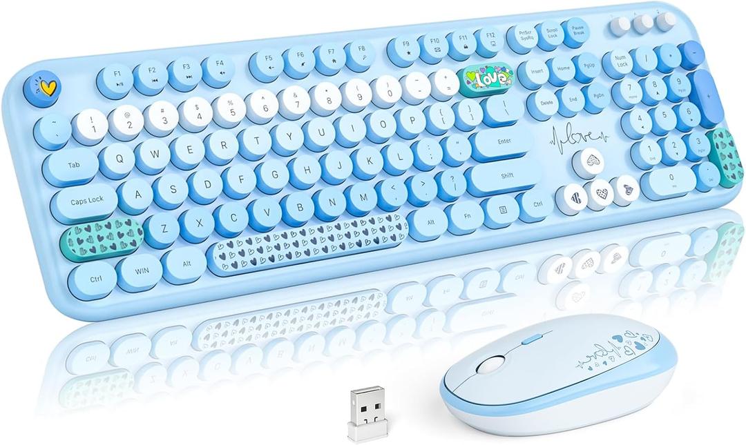 MOFII Wireless Keyboard and Mouse Combo, Cute Retro Typewriter Keyboard and Silent Mouse, 2.4GHz Full Size Computer Keyboard Wireless Mouse Set for PC, Laptop, Desktop, Windows (Blue Colorful)