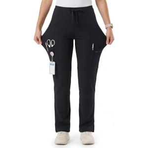 Women's Yoga Scrub Pants Wide Leg Stretch High Waisted Straight Uniform 5 Pockets Anti-Wrinkle Cargo Workwear (X-Large Petite, Black)