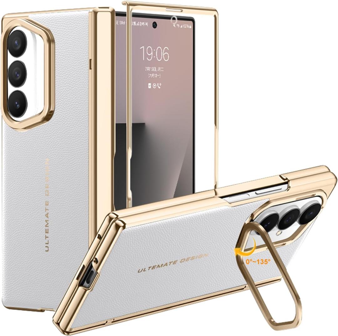 for Samsung Galaxy Z Fold 7 Case with Leather Back, Built-in Camera Kickstand, Electroplated Frame & Hinge Protection, Screen Protector, Thin & Slim Leather Stand Cover 5G 2025, White
