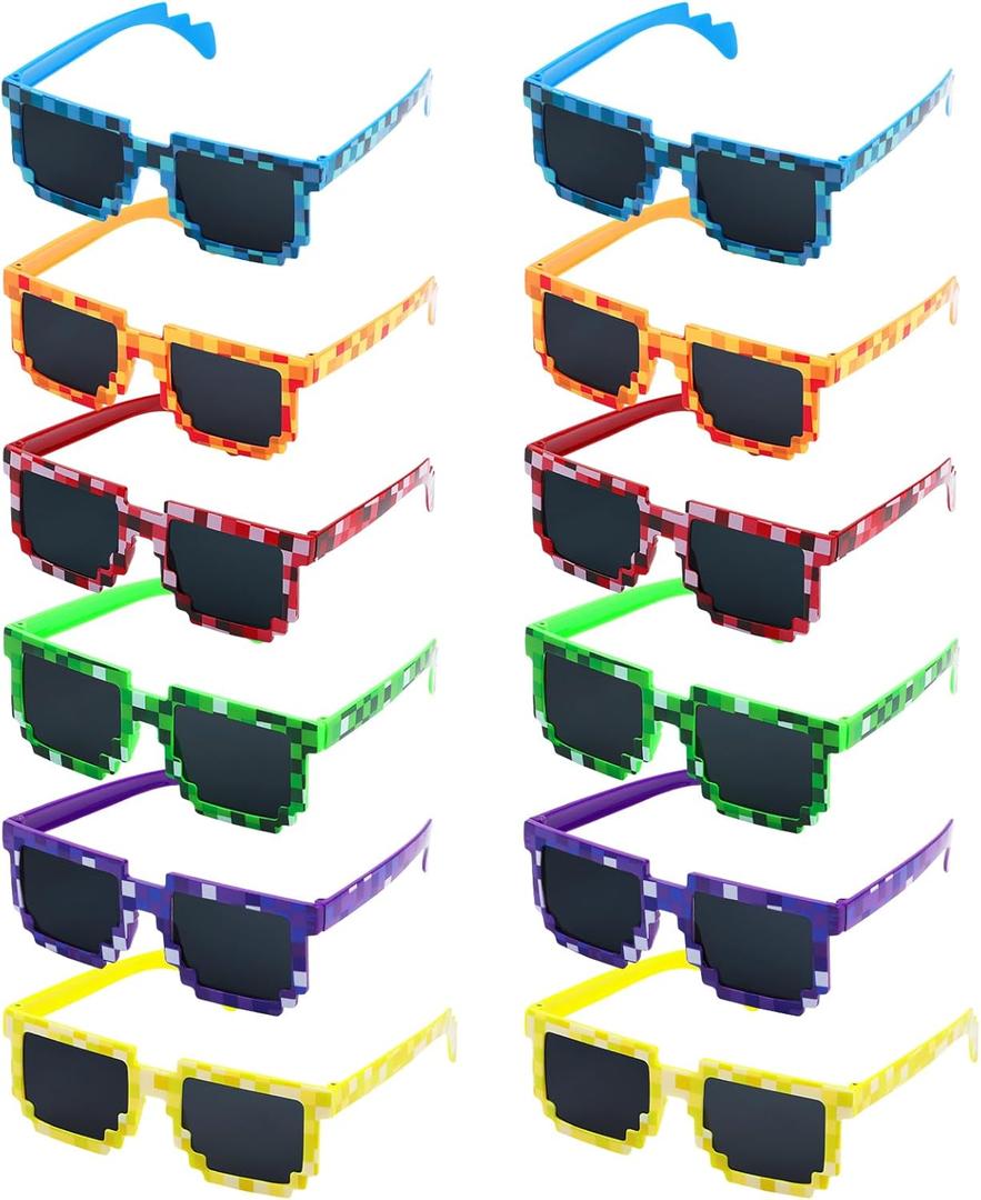 CCINEE 12Pack Pixel Sunglasses Assorted Color Miner Party Favors Pixel Glasses Retro Gamer Sunglasses Pixelated Eyewear for Kids Adults Boys Girls Birthday Party Supplies
