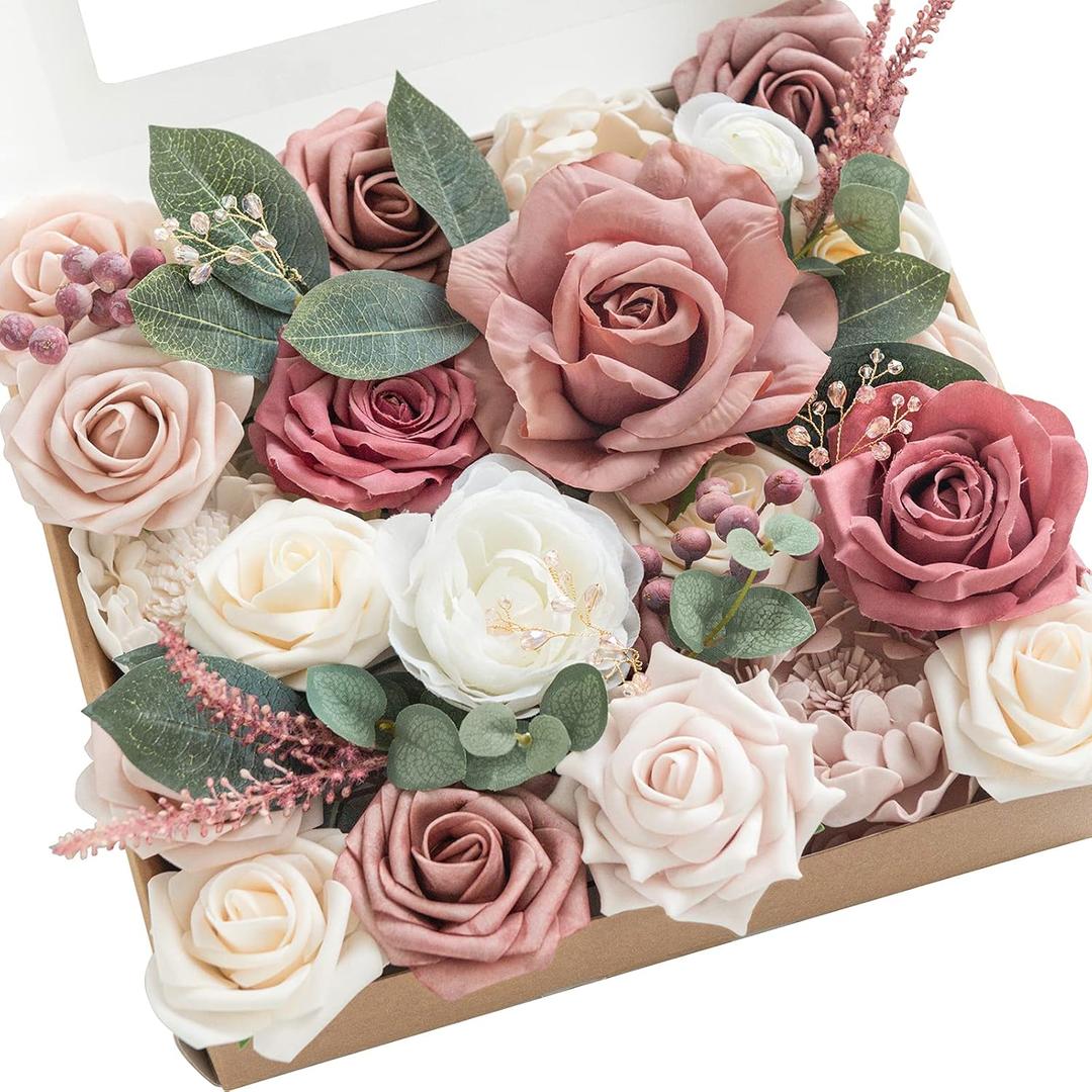 Ling's moment Fake Flowers Box, Faux Artificial Greenery Stems Foam Roses Berry Silk Peonies Eucalyptus Fabric Flower for Centerpieces Bouquet Wedding Floral Vase, Cinnamon Rose & Ivory, Grand Combo