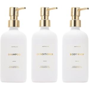 HOMCDALY Shampoo and Conditioner Dispenser, 21oz 3-Pack Refillable Pump Bottles, Shampoo Container, Empty Pump Bottle, Bathroom Shower Dispenser21oz-White&Gold