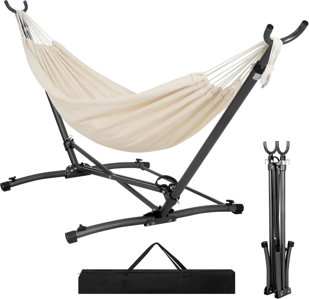 Portable Hammock with Folding Hammock Stand for Outdoor,Off White | Heavy Duty Steel Hammock Stand with Carrying Bag,3 Holes for Height Adjustment, 550 LBS Weight Capacity