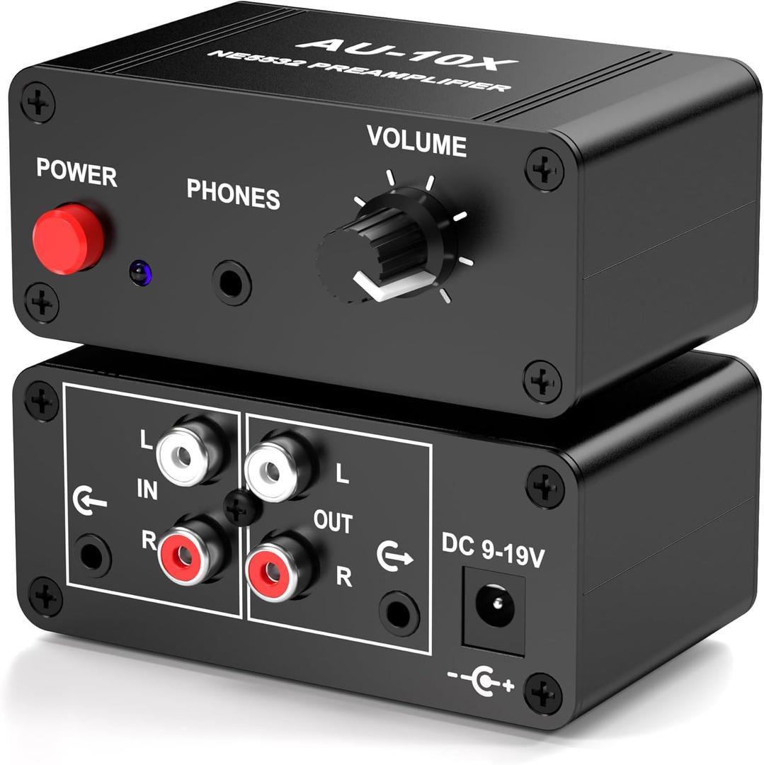 Phono Preamp, Mini Stereo Audio Preamplifier, Headphone Amplifier, Phonograph Preamp for Turntable Pre amp, Gain 20dB, Dual OP AMP NE5532, RCA 3.5mm Input to RCA 3.5mm Output