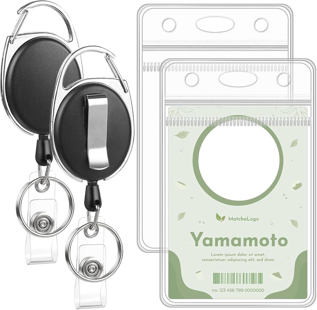2 Pack ID Badge Holder with Badge Reels Retractable Clip Heavy Duty Vertical Clear ID Card Badge Holders for Work Office Student Nurse, Clear Material